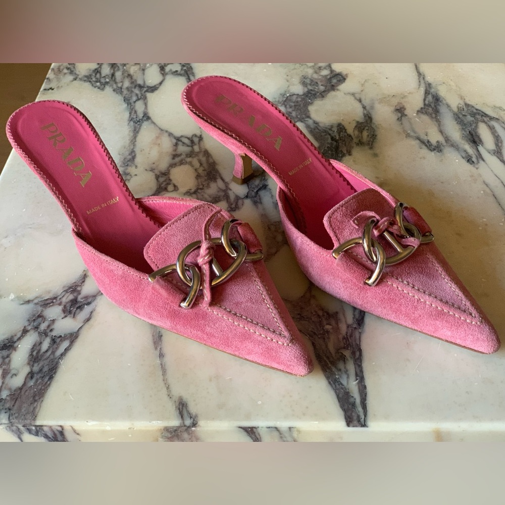 Prada Pink Suede Mules Kitten Heels